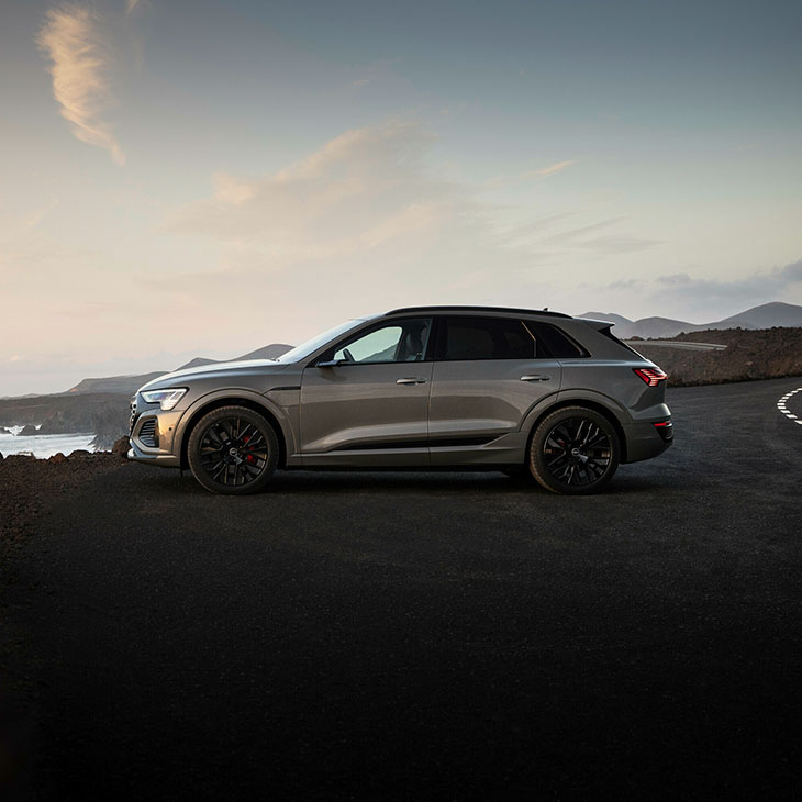 Side profile of a grey Audi Q8 e-tron parked on an oceanside cliff. 