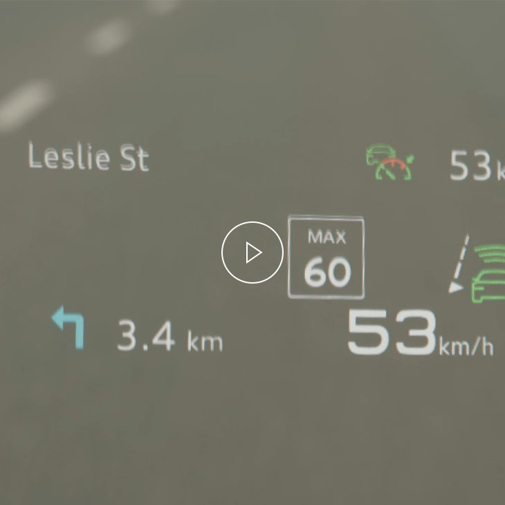 Close-up of the head-up display feature on an Audi vehicle. 