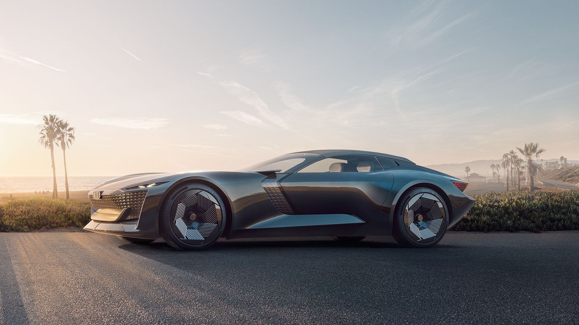 Side view of the Audi skysphere concept vehicle parked.