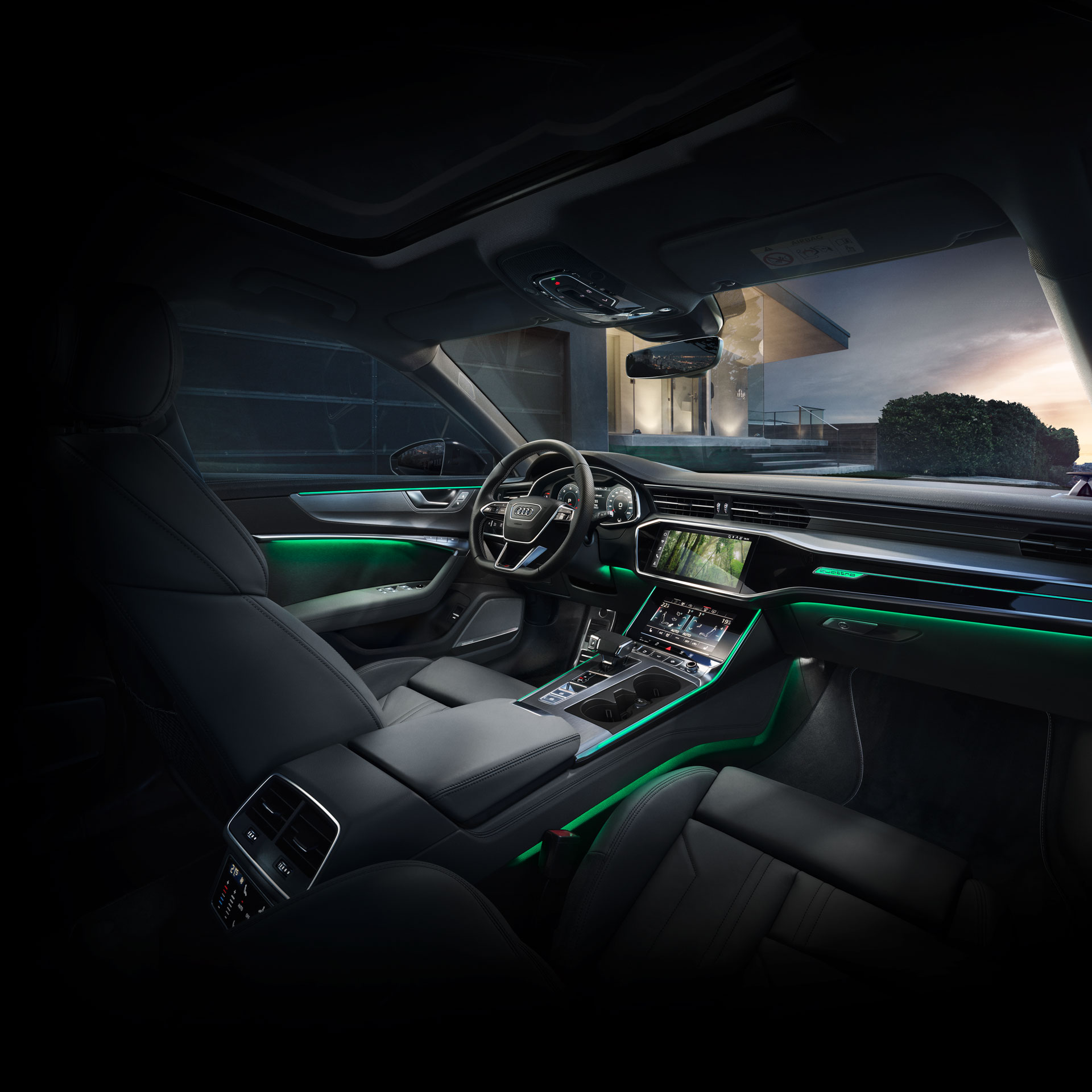 An Audi MMI interior lighting theme that looks like a forest shown within an Audi vehicle.