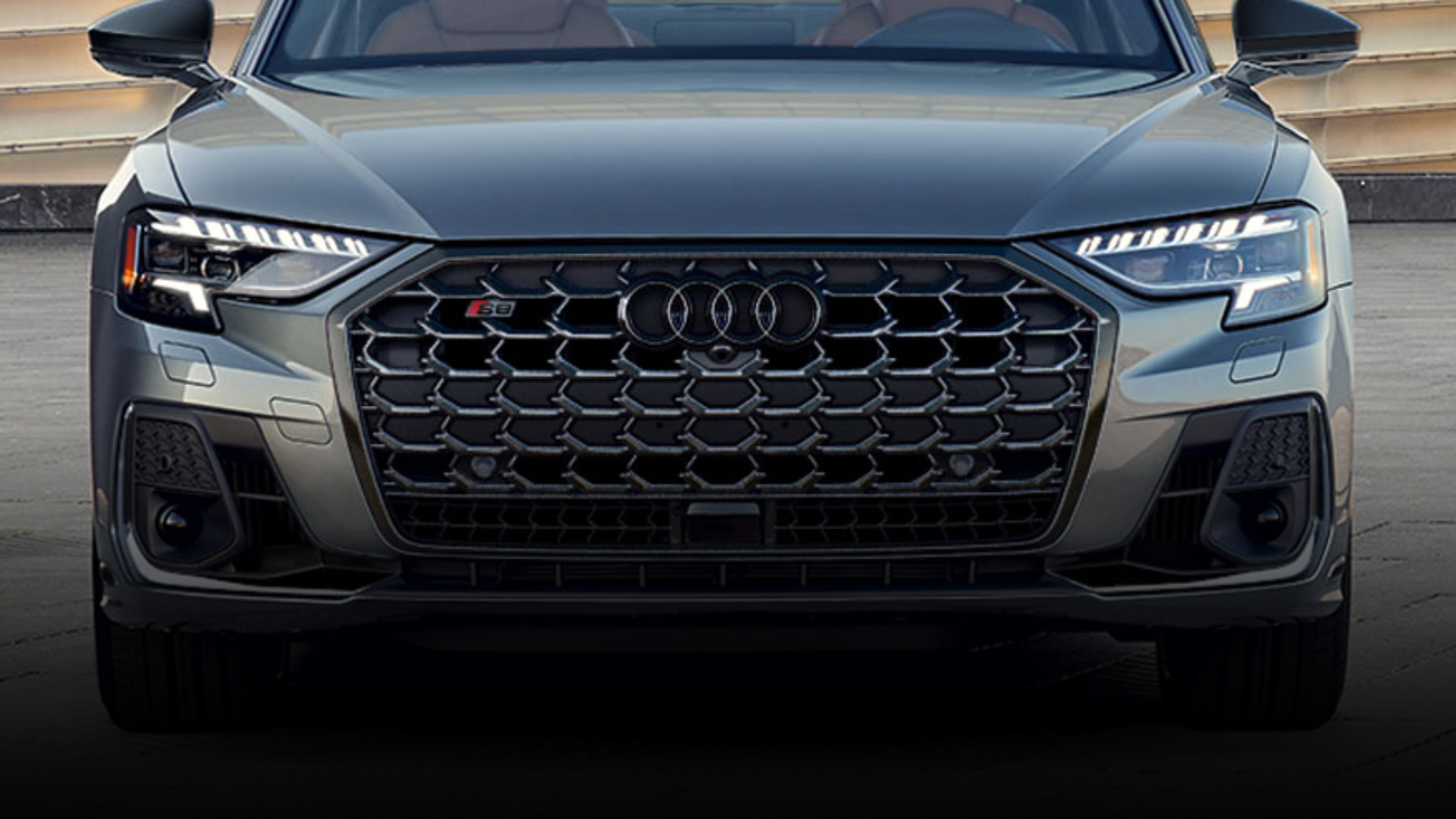 Close-up of the grille and Digital matrix-design LED headlights on an Audi S8.