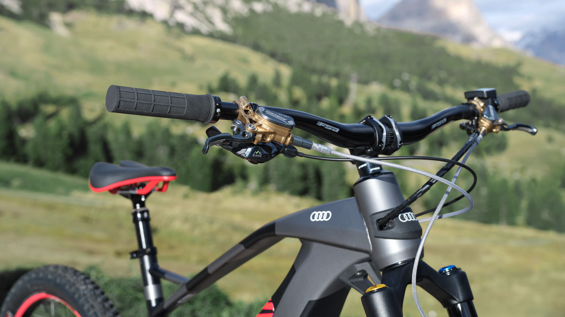 Close up on the handlebars of the Audi electric mountain bike, with a mountainous landscape behind. 